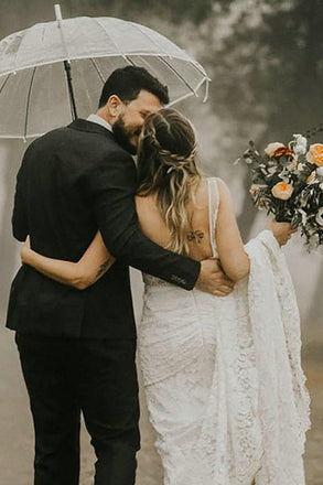 Elegant Lace Long Sheath Wedding Dresses With Appliques Backless Bridal Dress