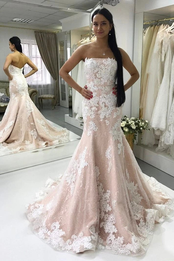 strapless bridal gown lace appliques mermaid wedding dresses dtw434