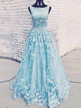 round neckline sky blue tulle appliques long prom dresses with beading dtp1054