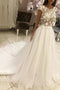 Round Neck Appliques Top Long Wedding Dresses With Cap Sleeves