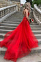Red V-neck Tulle Long Prom Dresses Backless Long Evening Dress