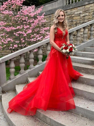 Red V-neck Tulle Long Prom Dresses Backless Long Evening Dress