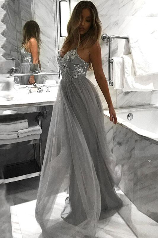 Spaghetti Straps V-neck Tulle Grey Long Prom Dresses With Sequins