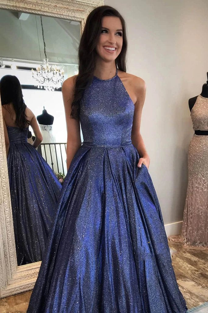 halter a-line sparkle navy blue long prom dresses with pockets dtp1086