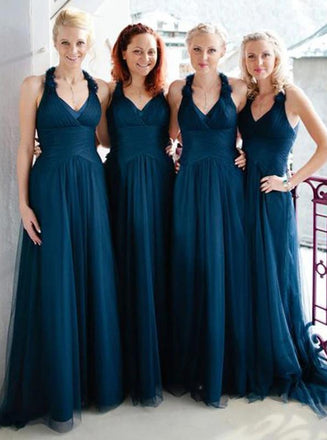 hand-make flowers halter tulle long teal bridesmaid dresses dtb208