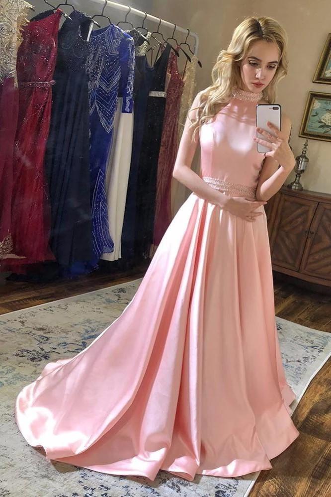 Backless A-line Halter Pink Satin Prom Dresses Formal Party Gown