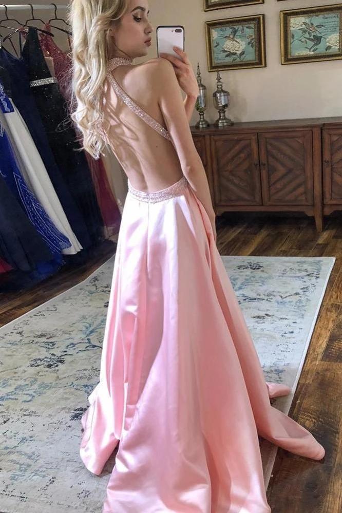 backless a-line halter pink satin prom dresses formal party gown dtp991