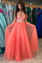 A-line V Neck Tulle Coral Long Prom Dresses With Lace Applique