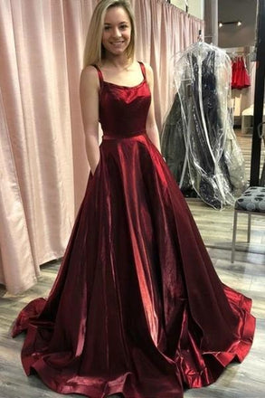 straps long formal gown a-line burgundy prom dress with pockets dtp1049