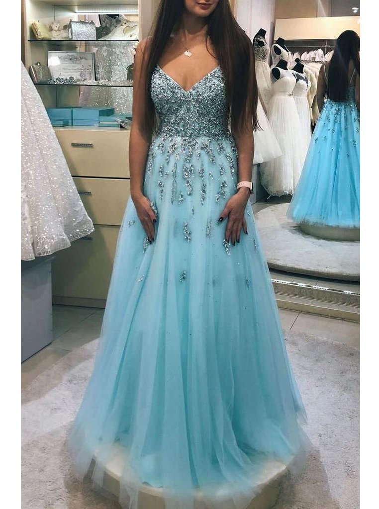 a-line v-neck beaded prom dresses tulle floor length party gowns dtp1051