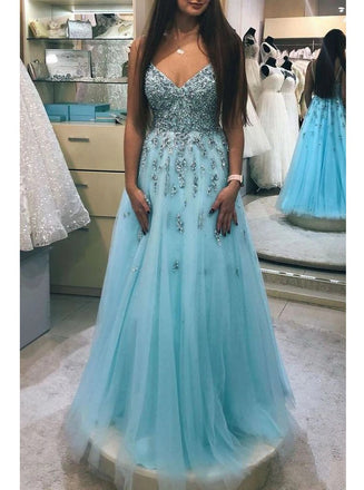 a-line v-neck beaded prom dresses tulle floor length party gowns dtp1051