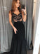 A Line V Neck Black Lace Prom Dresses, Black Evening Dresses