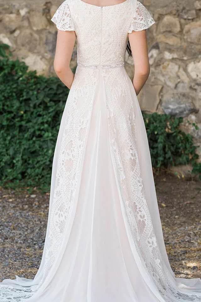 Modest Beach Wedding Dresses, Lace Chiffon Boho Bridal Gown