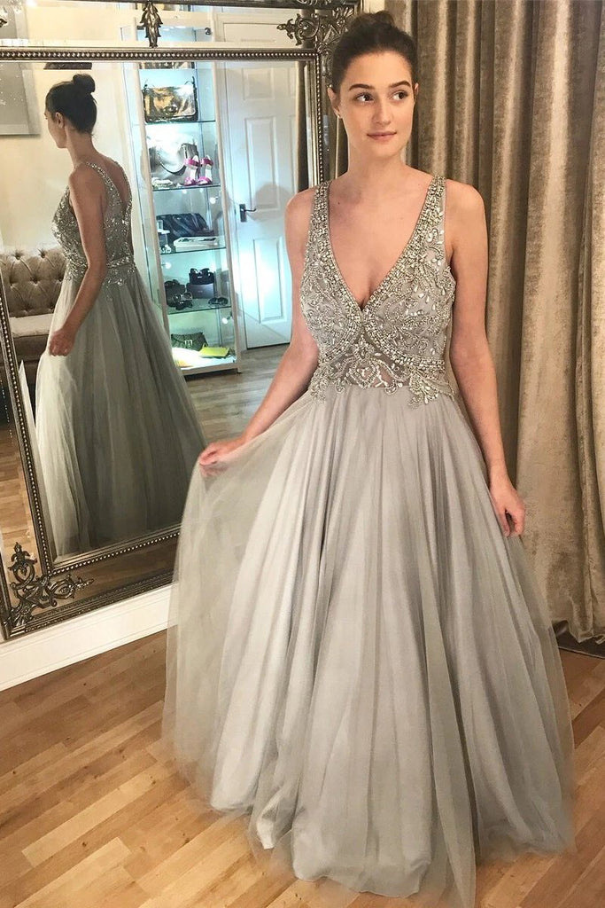 a-line v neck long tulle prom dresses beaded grey evening dresses dtp1090