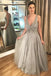 a-line v neck long tulle prom dresses beaded grey evening dresses dtp1090