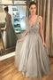 A Line V Neck Long Tulle Prom Dresses Beaded Grey Evening Dresses