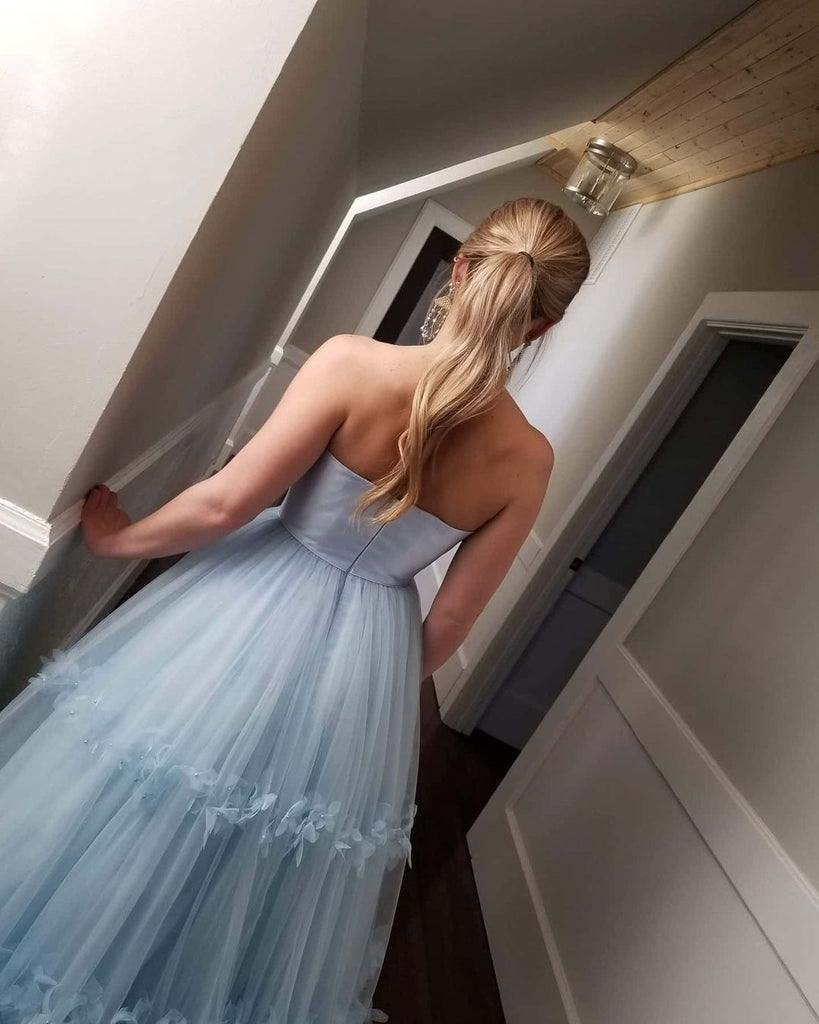 Light Blue Strapless Long Prom Dresses Tulle Graduation Gown