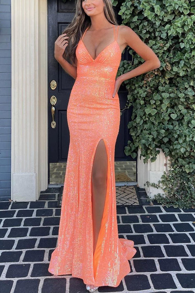 Sequined Backless Spaghetti-straps V Neck Mermaid Long Prom Dresses