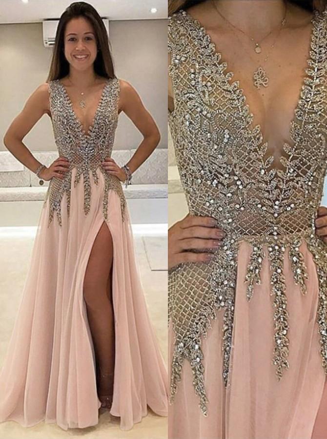 Sexy A Line V-neck Beads Open Back Tulle Slit Prom Dresses