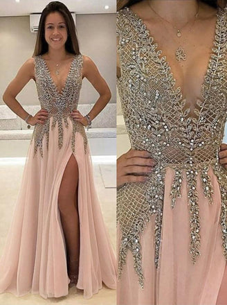Sexy A Line V-neck Beads Open Back Tulle Slit Prom Dresses