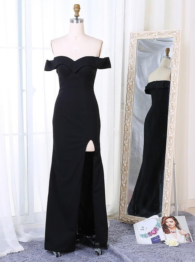 Off Shoulder Sheath Split Black Long Prom Dress, Sexy Black Evening Gown
