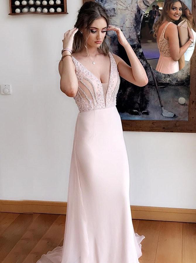deep v-neck chiffon sheath pearl pink prom dress with beading dtp352