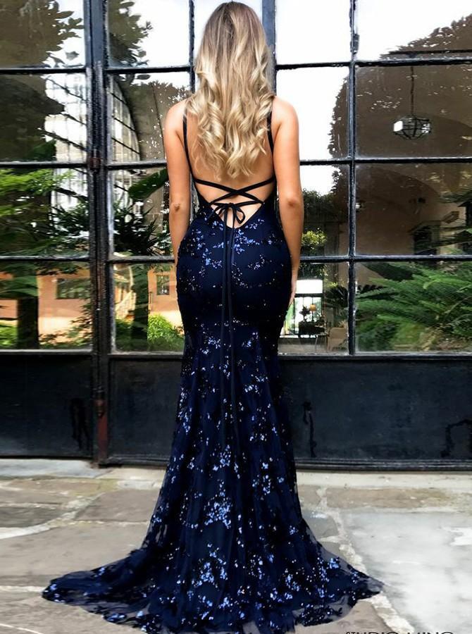 spaghetti straps mermaid tulle sequined backless prom dress dtp319