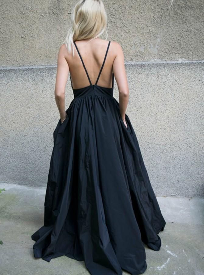 Simple A-Line Spaghetti Straps Taffeta Backless Prom Dress with Pockets