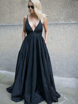 Simple A-Line Spaghetti Straps Taffeta Backless Prom Dress with Pockets