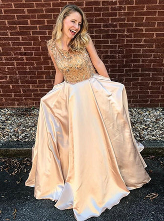 Glamorous Scoop Floor-Length Beading Satin Prom Dress with Pockets