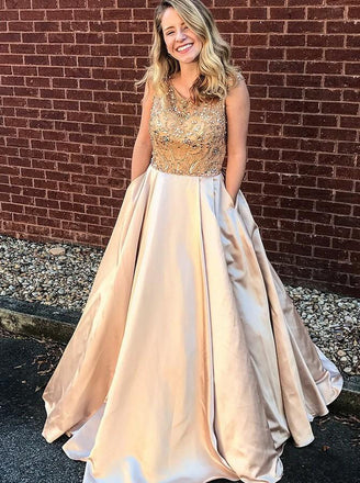 glamorous scoop floor-length beading satin prom dress with pockets dtp322