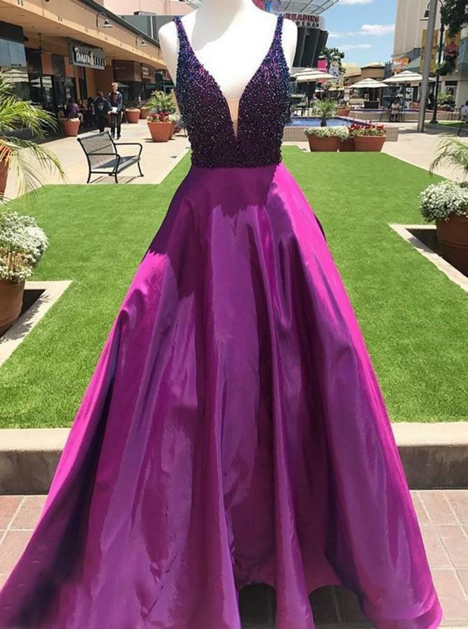 Modern A-Line V-Neck Satin Beading Long Prom Dress with Pockets