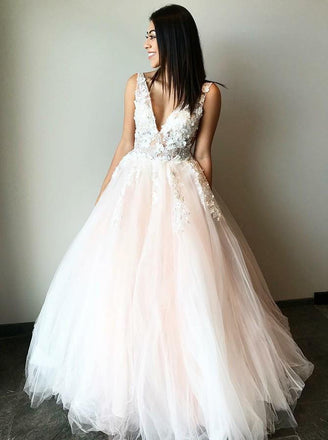 Stunning Wedding Dress A-Line V-Neck Tulle Prom Dress with Appliques