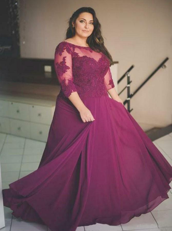 A-Line 3/4 Sleeves Plus Size Bateau Chiffon Prom Dress with Appliques