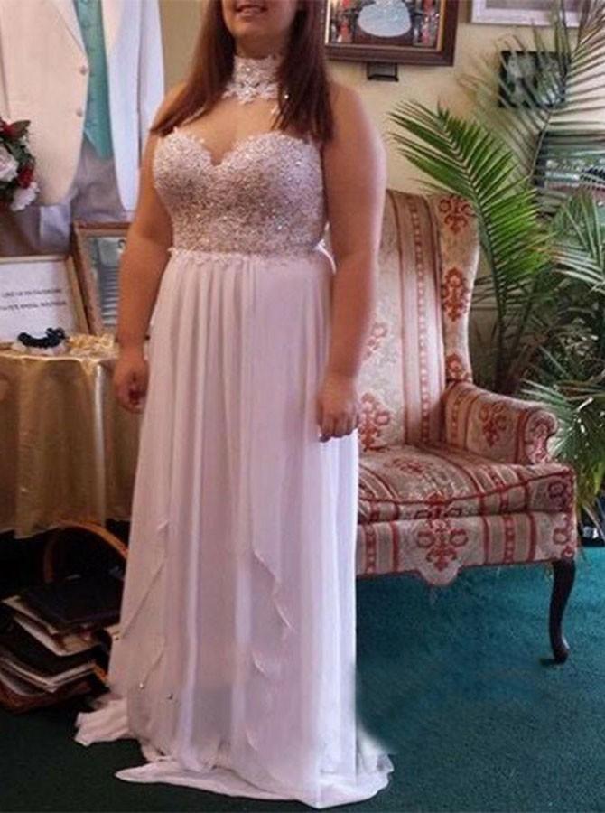 a-line halter lace beading chiffon plus size prom dress dtp310