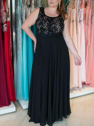 Lace A-Line Round Keyhole Back Long Chiffon Plus Size Prom Dress