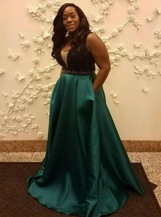 elegant a-line v-neck beading satin long plus size prom dress with pockets dtp297