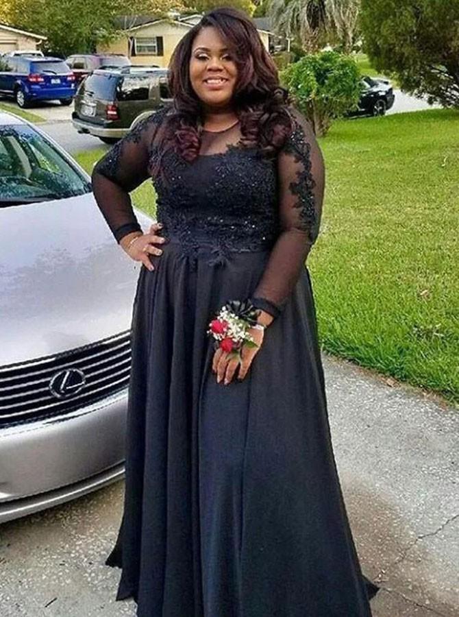 A-Line Round Neck Long Sleeves Chiffon Plus Size Prom Dress DTP295 DressTok.co.uk A-Line Round Neck Long Sleeves Chiffon Plus Size Prom Dress DTP295 DressTok.co.uk