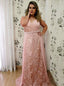 A-Line V-Neck Lace Plus Size Prom Dress, Overskirt Evening Dress with Beading