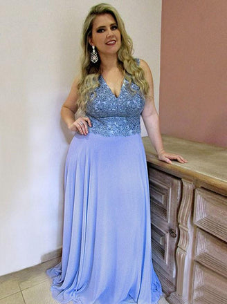 chiffon a-line v-neck sweep train plus size prom dress dtp312