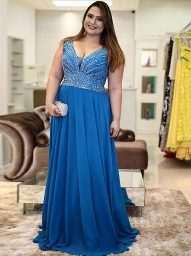 chiffon a-line v-neck plus size prom dress with beading dtp311