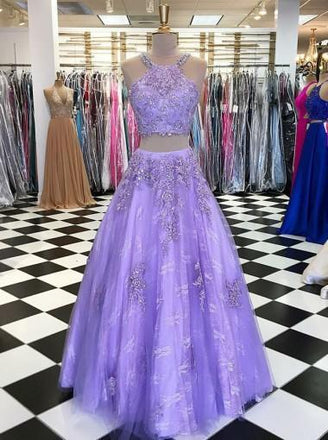 round neck tulle two piece prom dress with appliques beading dtp299