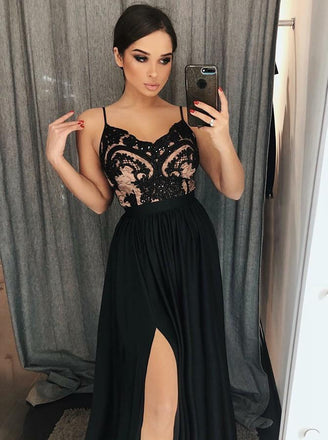 Spaghetti Straps Black Prom Dress With Lace, A-Line Long Slit Evening Dress