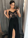 Spaghetti Straps Black Prom Dress With Lace, A-Line Long Slit Evening Dress