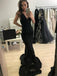 Black Mermaid/Trumpet Deep V-Neck Satin Backless Prom Dress