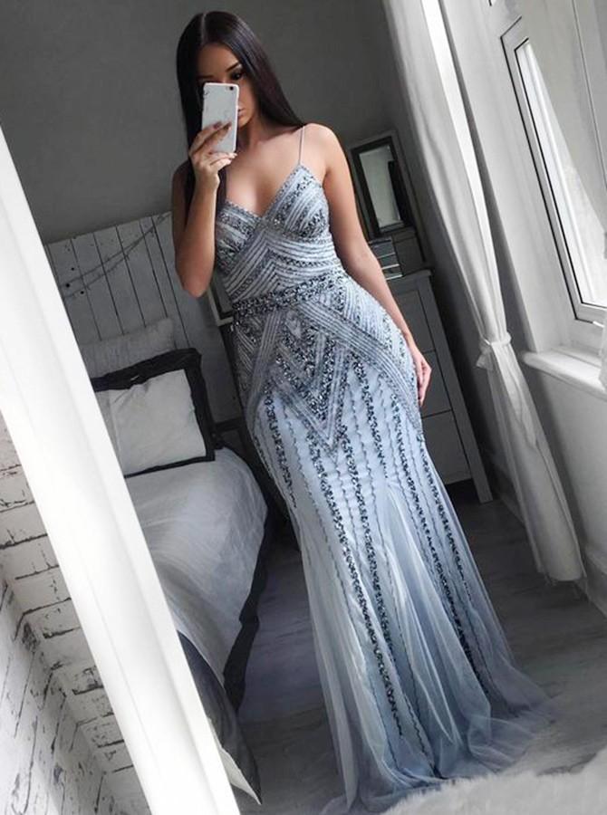 sexy spaghetti straps tulle long mermaid plus size prom dress dtp303