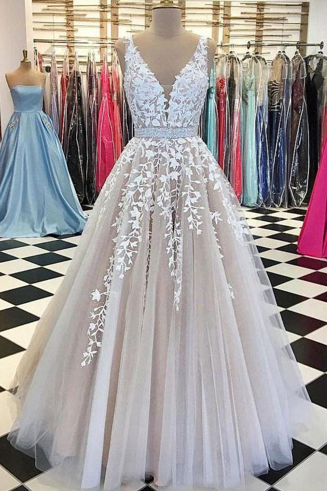 v neck lace applique wedding dress a-line tulle long backless prom wedding dress dtw123