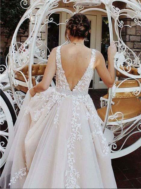 A-line Tulle Long Backless Prom Wedding Dress, V neck Lace Applique Wedding Dress