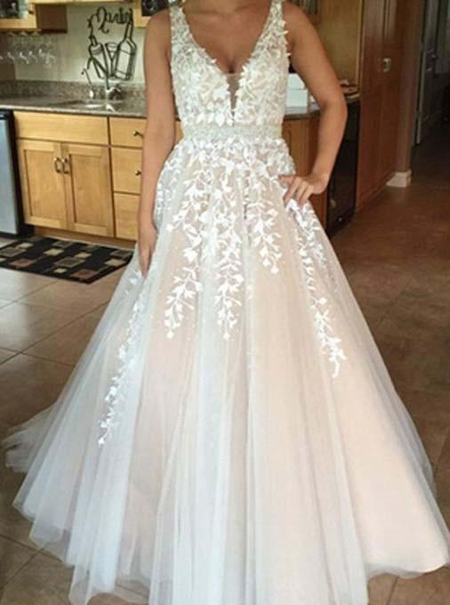 A-line Tulle Long Backless Prom Wedding Dress, V neck Lace Applique Wedding Dress