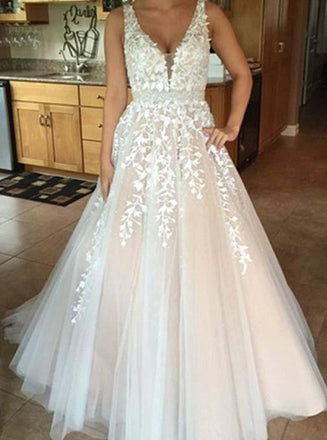 A-line Tulle Long Backless Prom Wedding Dress, V neck Lace Applique Wedding Dress